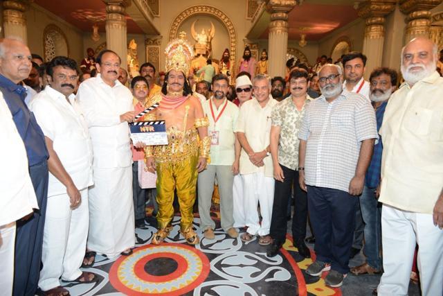Nandamuri Balakrishna, Venkaiah Naidu and the film’s music director, MM Keeravani among others at the launch. Nandamuri Balakrishna, Venkaiah Naidu and the film’s music director, MM Keeravani among others at the launch.