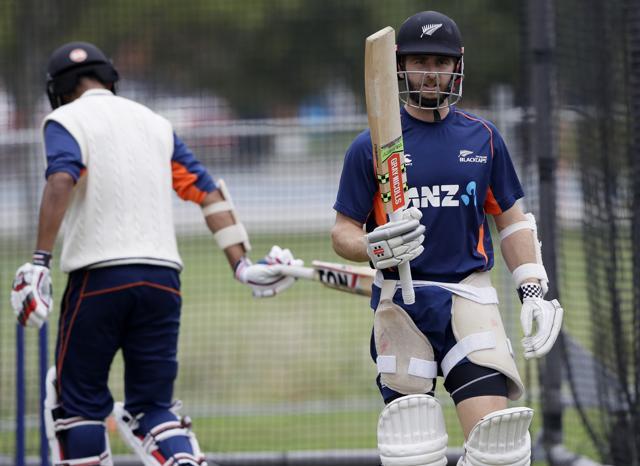 New Zealand's Kane Williamson, right, walks past teammate Ross Taylor during a training session. (AP) New Zealand's Kane Williamson, right, walks past teammate Ross Taylor during a training session. (AP)