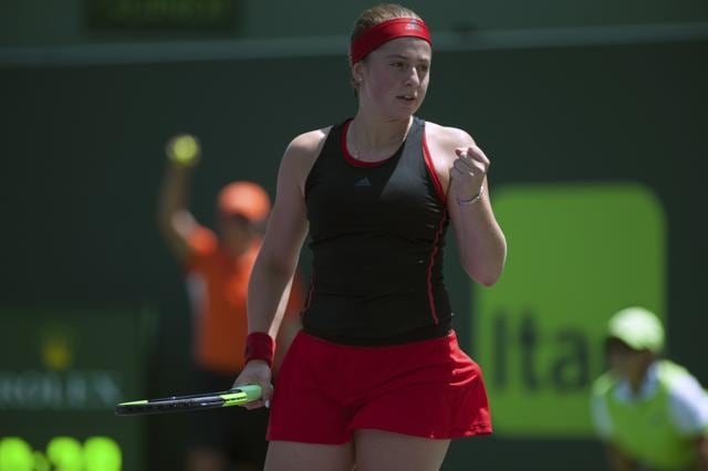 Jelena Ostapenko overpowered Ukrainian fourth seed Elina Svitolina in two tiebreaks to win 7-6(3), 7-6(5) and advance to the semi-finals of the Miami Open for the first time on Wednesday. (AP) Jelena Ostapenko overpowered Ukrainian fourth seed Elina Svitolina in two tiebreaks to win 7-6(3), 7-6(5) and advance to the semi-finals of the Miami Open for the first time on Wednesday. (AP)