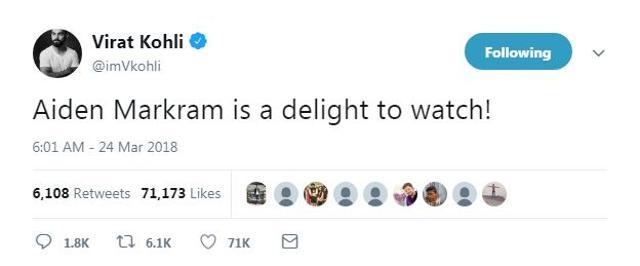 Aiden Markram was praised by Virat Kohli even in the Cape Town Test which was marred by the ball-tampering row. (Virat Kohli Twitter)