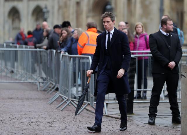 British actor Eddie Redmayne, who played Stephen Hawking in The Theory of Everything, arrives to attend the funeral of British scientist Stephen Hawking at the Church of St Mary the Great, in Cambridge on March 31. (AFP Photo) British actor Eddie Redmayne, who played Stephen Hawking in The Theory of Everything, arrives to attend the funeral of British scientist Stephen Hawking at the Church of St Mary the Great, in Cambridge on March 31. (AFP Photo)