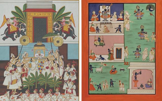 (From left) Goverdhan Pooja, Nathdwara Contemporary, Stone colour on cloth; Leelas of infant Krishna, stone colour on basli. (Courtesy: Pooja Singhal) (From left) Goverdhan Pooja, Nathdwara Contemporary, Stone colour on cloth; Leelas of infant Krishna, stone colour on basli. (Courtesy: Pooja Singhal)