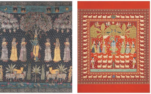(From left) Krishna with Gopis, Deccan-Gold, silver and stone colour on cloth; Varsha Pichvai, Deccan Miniature-Gold and stone colour on basli. (Courtesy: Pooja Singhal) (From left) Krishna with Gopis, Deccan-Gold, silver and stone colour on cloth; Varsha Pichvai, Deccan Miniature-Gold and stone colour on basli. (Courtesy: Pooja Singhal)