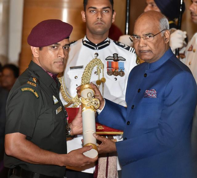President Ram Nath Kovind confers Padma Bhushan to Indian cricket team player MS Dhoni during the Padma Awards 2018 function at Rastrapati Bhawan in New Delhi on Monday. (PTI)