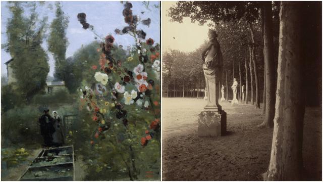 Photo on left: Camille Corot’s ‘In the Garden at the Ville d’Avray,’ oil on canvas ca. 1845; on right: Eugène Atget’s ‘Versailles—Cour du Parc,’ albumen silver print from glass negative 1902. (AP) Photo on left: Camille Corot’s ‘In the Garden at the Ville d’Avray,’ oil on canvas ca. 1845; on right: Eugène Atget’s ‘Versailles—Cour du Parc,’ albumen silver print from glass negative 1902. (AP)