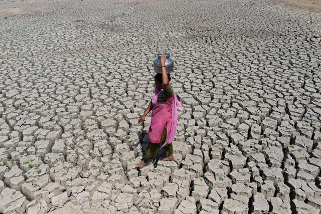 A woman walking on the parched bed of Chandola Lake with a metal pot on her head to fetch water in Ahmedabad, during drought. (AFP File Photo) A woman walking on the parched bed of Chandola Lake with a metal pot on her head to fetch water in Ahmedabad, during drought. (AFP File Photo)