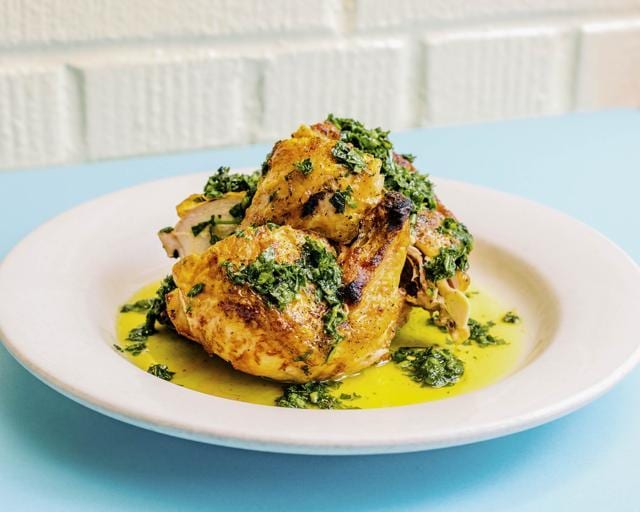 Barbuto’s most iconic dish: pollo al forno with salsa verde. (Photographer: Arturo Olmos/Bloom) Barbuto’s most iconic dish: pollo al forno with salsa verde. (Photographer: Arturo Olmos/Bloom)