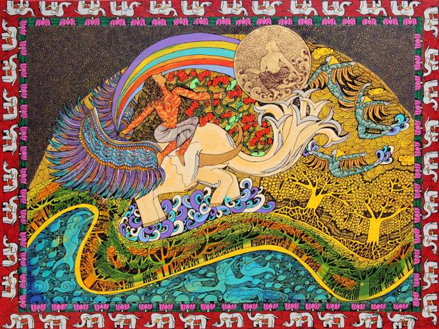 Seema Kohli’s art is an exploration of feminity and spirituality, with the women and winged horses representing the breaking of boundaries.