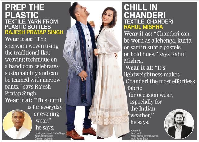 (From left) Bandhgala, Rajesh Pratap Singh; watch, Rado; shoes, Christian Louboutin; Kurta and flared pants, Rahul Mishra; earrings, Nimai; heels, Venus Steps (Raj K Raj) (From left) Bandhgala, Rajesh Pratap Singh; watch, Rado; shoes, Christian Louboutin; Kurta and flared pants, Rahul Mishra; earrings, Nimai; heels, Venus Steps (Raj K Raj)