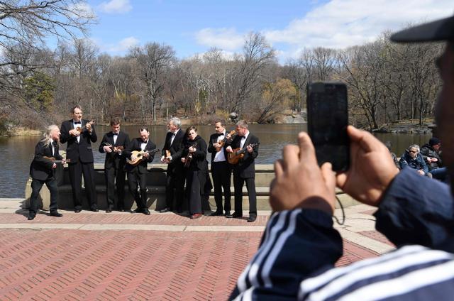 A man takes a picture while The Ukulele Orchestra of Great Britain play in Central Park. (AFP) A man takes a picture while The Ukulele Orchestra of Great Britain play in Central Park. (AFP)