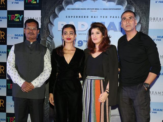 Akshay Kumar along with his wife Twinkle Khanna and Radhika Apte during a press conference to promote PadMan. (IANS) Akshay Kumar along with his wife Twinkle Khanna and Radhika Apte during a press conference to promote PadMan. (IANS)