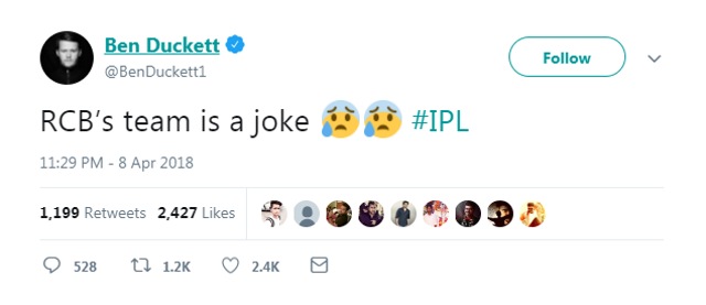 Ben Duckett’s tweet, which was actually praise for Royal Challengers Bangalore, earned him abuse from RCB fans. (Twitter)