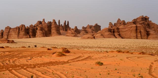 A picture taken on March 31, 2018 shows rose-coloured sandstone in Madain Saleh, a UNESCO World Heritage site. (AFP)