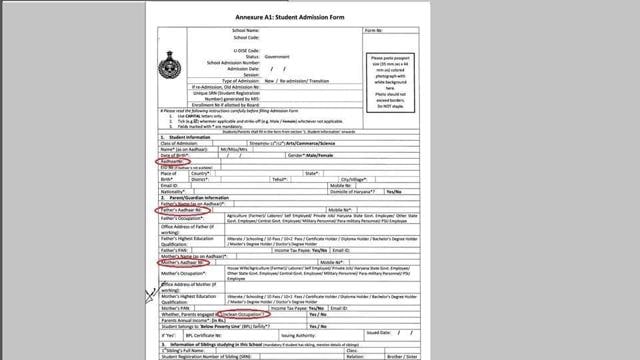 A screenshot of the admission form with the controversial details asked being encircled in red.