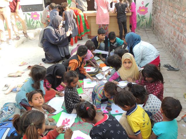 Children attend one of the Saturday workshops at a slum near Jamia Millia Islamia university.