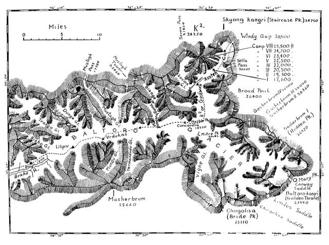 Map of the Third American Karkoram Expedition 1953 to K2. (Courtesy Legendary Maps From The Himalayan Club) Map of the Third American Karkoram Expedition 1953 to K2. (Courtesy Legendary Maps From The Himalayan Club)