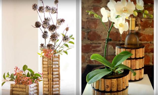 Make planters and vases by lining them with wine corks. (Youtube/Mary Tardito)