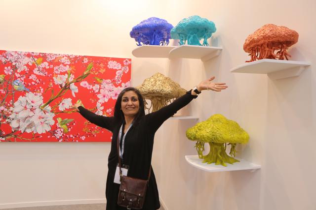 Artist Seema Kohli poses with the sculptures from her series Tree of Life, which are inspired by the old trees in Delhi. (Manoj Verma/HT Photo)