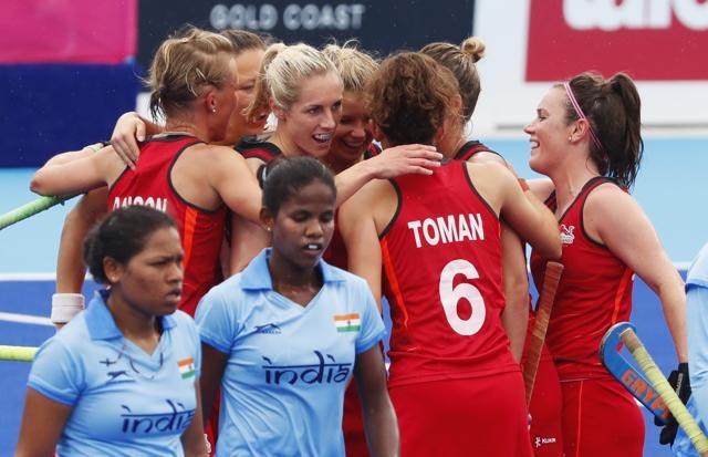 Sophie Bray of England celebrates scoring their second goal with teammates against India. (REUTERS) Sophie Bray of England celebrates scoring their second goal with teammates against India. (REUTERS)