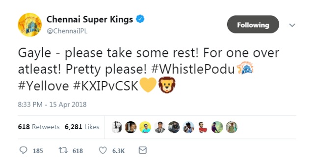 The Chennai Super Kings’ (CSK) Twitter account summed up the feelings of their fans when Chris Gayle decided to go berserk in his first IPL 2018 game for new side Kings XI Punjab. (Twitter: @ChennaiIPL)