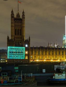 An anti-Pakistan projection by a Baloch group on the Houses of Parliament in Westminster on Monday night. (HT Photo) An anti-Pakistan projection by a Baloch group on the Houses of Parliament in Westminster on Monday night. (HT Photo)
