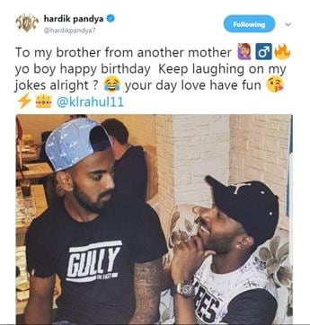 Hardik Pandya also wished KL Rahul, calling him a brother from a different mother. (Twitter)