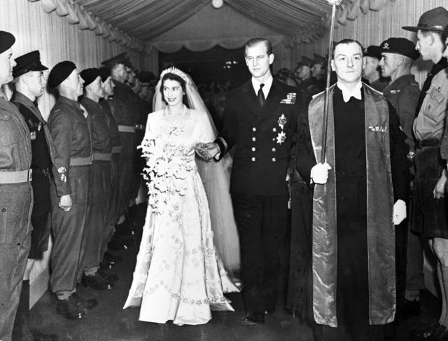 In this Nov. 20, 1947 photo, Britain's Princess Elizabeth and her husband the Duke of Edinburgh are seen leaving Westminster Abbey, London following their wedding service. (AP) In this Nov. 20, 1947 photo, Britain's Princess Elizabeth and her husband the Duke of Edinburgh are seen leaving Westminster Abbey, London following their wedding service. (AP)
