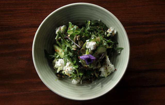 The Garden Greens, pear and mint salad which is flavoured with Fennel, pomegranate, goats cheese, spiced honey and rice vinaigrette. (Shivam Saxena/HT Photo)