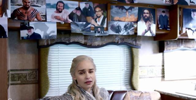 Emilia Clarke seemed embarrassed about this shrine for Jason Momoa and George RR Martin.