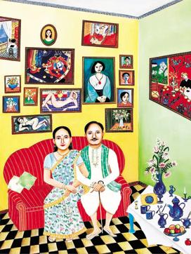 A painting from Nayanna Kanodia’s Beauty at its Best series. Her works question the established order with their tongue-in-cheek style. (Courtesy: Art Konsult) A painting from Nayanna Kanodia’s Beauty at its Best series. Her works question the established order with their tongue-in-cheek style. (Courtesy: Art Konsult)