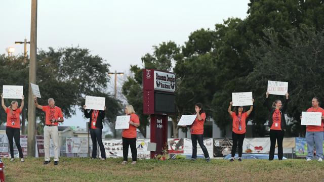 Marjory Stoneman Douglas teachers demonstrate in front of the school on Friday, April 20, 2018 in Parkland, Fla. (AP) Marjory Stoneman Douglas teachers demonstrate in front of the school on Friday, April 20, 2018 in Parkland, Fla. (AP)