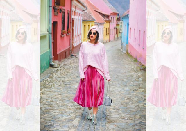 Savi shocks the streets of Romania in pink; Sunglasses, Ray-Ban; top, H&M; skirt, ASOS; shoes, Primark Savi shocks the streets of Romania in pink; Sunglasses, Ray-Ban; top, H&M; skirt, ASOS; shoes, Primark
