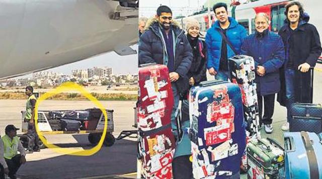 Ayaan Ali Bangash (extreme right) and the photo of his sarod at Pune airport (left). Ayaan Ali Bangash (extreme right) and the photo of his sarod at Pune airport (left).
