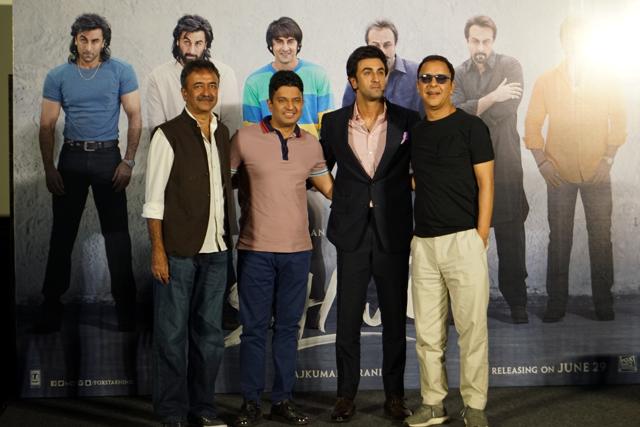Ranbir Kapoor, Bhushan Kumar, Vidhu Vinod Chopra and Rajkumar Hirani at the teaser launch of Sanjay Dutt's biopic. (IANS)