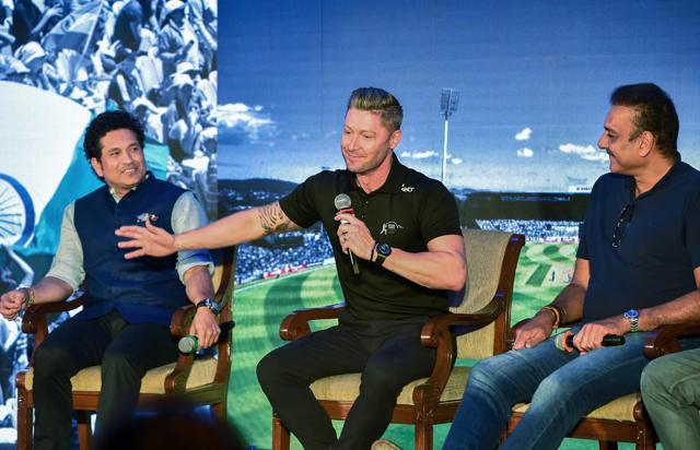 Sachin Tendulkar, Michael Clarke and Ravi Shashtri at a book launch ceremony in Mumbai on Monday. (PTI)