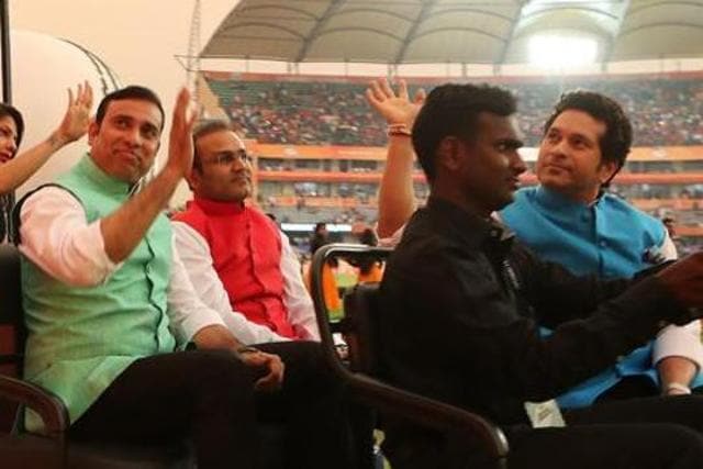 Sachin Tendulkar and VVS Laxman with Virender Sehwag at the Rajiv Gandhi stadium in Hyderabad on April 5, 2017. (BCCI)