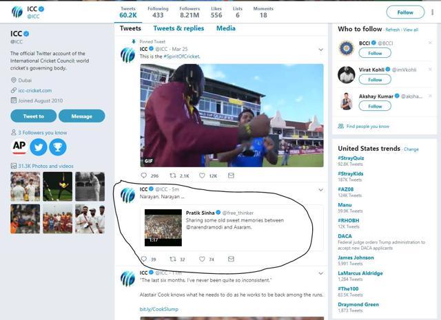 The ICC shared a video of Prime Minister Modi and Asaram Bapu on their timeline, drawing massive criticism. (Twitter) The ICC shared a video of Prime Minister Modi and Asaram Bapu on their timeline, drawing massive criticism. (Twitter)