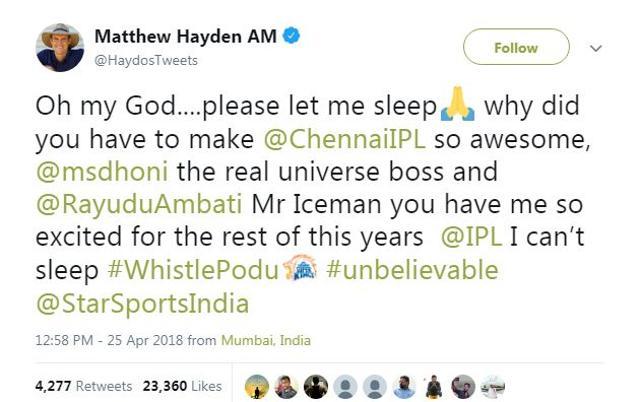 Matthew Hayden also hailed Ambati Rayudu as Mr Iceman for his blazing 82 off 53 balls. (Twitter)