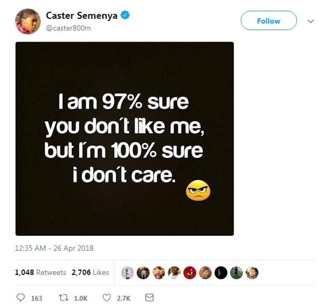 Caster Semenya, who competes in 800m and 1500m, will be impacted by the new regulations and the double Olympic and triple world champion might not compete in 2019 World Championships (Twitter)