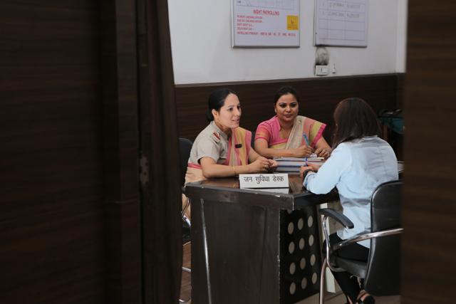 A complainant talks to the Public Facilitation Officer at the Parliament Street Police Station in the Capital. (Manoj Verma/HT )