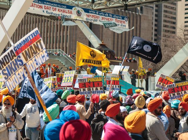 Khalistan flags and separatist placards were prominently visible at the nagar kirtan in Toronto on Sunday. Khalistan flags and separatist placards were prominently visible at the nagar kirtan in Toronto on Sunday.