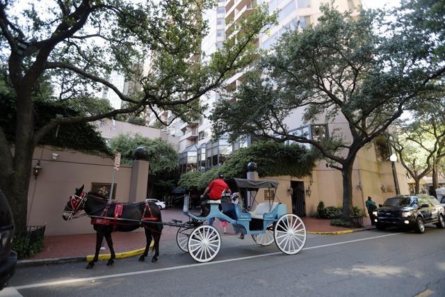 A horse and carriage in front of The Windsor Court Hotel in New Orleans. It has a royal wedding-themed package priced at $51,918. The numbers match the May 19 date of Meghan Markle’s wedding to Prince Harry. (AP) A horse and carriage in front of The Windsor Court Hotel in New Orleans. It has a royal wedding-themed package priced at $51,918. The numbers match the May 19 date of Meghan Markle’s wedding to Prince Harry. (AP)