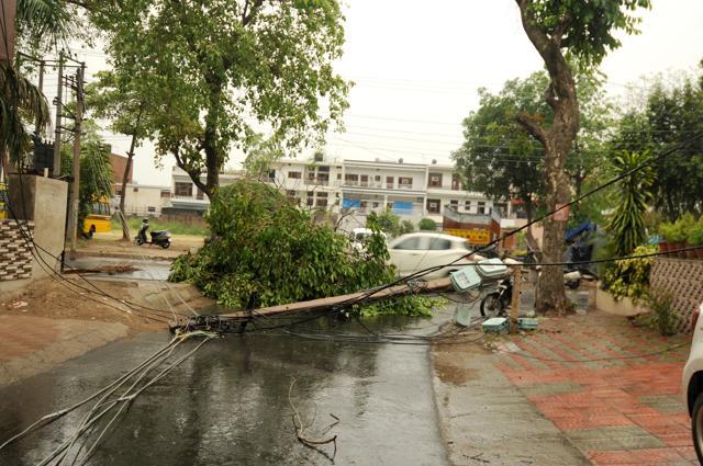 An electric pole uprooted at Phase 10 in Mohali after dust storm on Wednesday. (Ravi Kumar/HT) An electric pole uprooted at Phase 10 in Mohali after dust storm on Wednesday. (Ravi Kumar/HT)