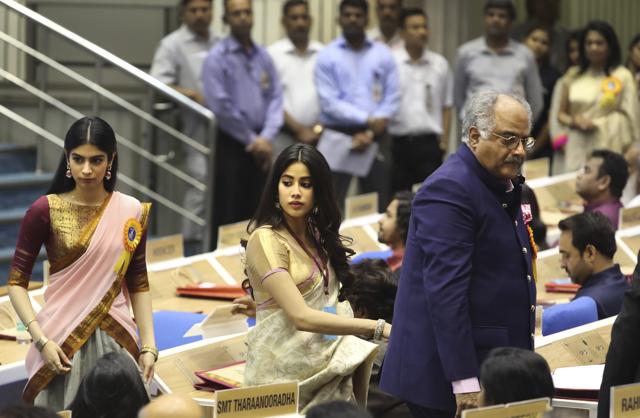 Sridevi's husband Boney Kapoor, right, and daughters Janhvi Kapoor, center, and Khushi Kapoor walk to receive the best actress award. (AP) Sridevi's husband Boney Kapoor, right, and daughters Janhvi Kapoor, center, and Khushi Kapoor walk to receive the best actress award. (AP)