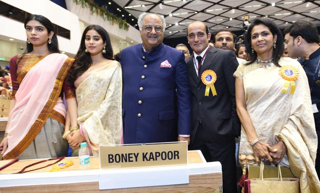 Late Sridevi's husband Boney Kapoor and daughters Janhvi Kapoor and Khushi Kapoor, Kavita Khanna and Akshay Khanna during the 65th National Film Awards, at Vigyan Bhawan. (Raj K Raj/HT PHOTO) Late Sridevi's husband Boney Kapoor and daughters Janhvi Kapoor and Khushi Kapoor, Kavita Khanna and Akshay Khanna during the 65th National Film Awards, at Vigyan Bhawan. (Raj K Raj/HT PHOTO)