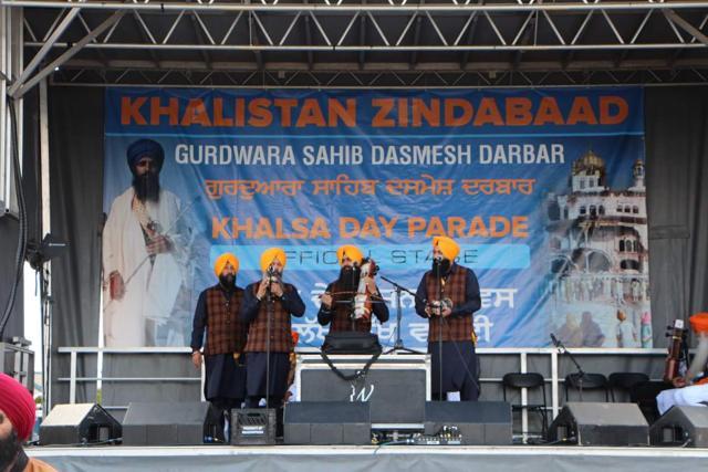 The main stage at the Surrey nagar kirtan had the backdrop of a pro-Khalistan banner. (Courtesy Moninder Singh) The main stage at the Surrey nagar kirtan had the backdrop of a pro-Khalistan banner. (Courtesy Moninder Singh)