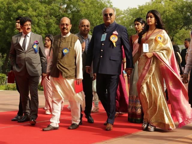 Producer Boney Kapoor along with his daughters Janhvi Kapoor and Khushi Kapoor arrives to receive Best Actress award conferred on his late wife Sridevi for her intense role as a mother in her last released film Mom in New Delhi. (IANS) Producer Boney Kapoor along with his daughters Janhvi Kapoor and Khushi Kapoor arrives to receive Best Actress award conferred on his late wife Sridevi for her intense role as a mother in her last released film Mom in New Delhi. (IANS)