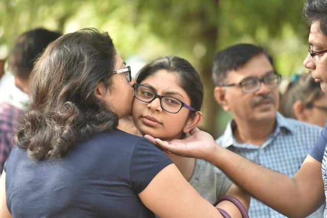 Parents of a NEET candidate wish her good luck before the entrance exam at Jawaharlal Nehru school in Bhopal. (Mujeeb Faruqui/HT Photo) Parents of a NEET candidate wish her good luck before the entrance exam at Jawaharlal Nehru school in Bhopal. (Mujeeb Faruqui/HT Photo)