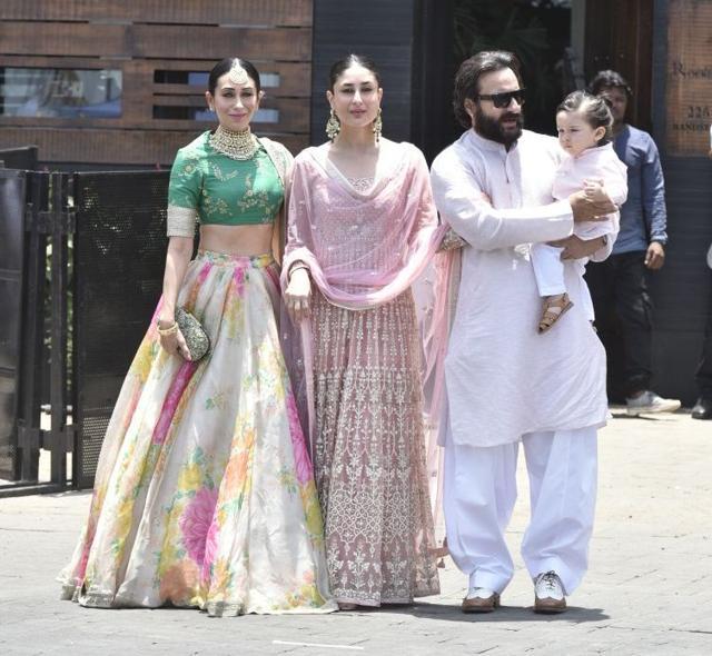 Karisma, Kareena Kapoor Khan, Saif Ali Khan and Taimur Ali Khan at Sonam’s wedding venue. (Viral Bhayani) Karisma, Kareena Kapoor Khan, Saif Ali Khan and Taimur Ali Khan at Sonam’s wedding venue. (Viral Bhayani)