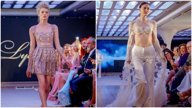 (Left) A model displays a creation by Russian designer Tatiana V. Lyalina; (right) a creation by Amato Couture during Arab Fashion Week. (AFP) (Left) A model displays a creation by Russian designer Tatiana V. Lyalina; (right) a creation by Amato Couture during Arab Fashion Week. (AFP)